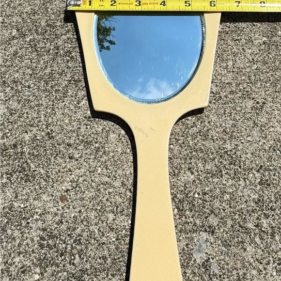 Hand Mirror, Ivory Colored Celluloid, Beveled, Blue Swirl Design, c. 1920s - Picture 5 of 7